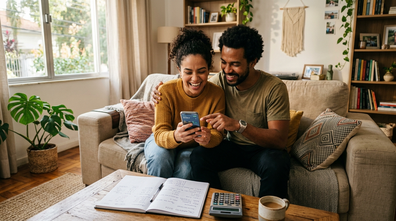 Casal fazendo a simulação do financiamento no celular