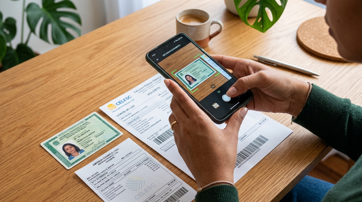 Pessoa fotografando documentos com o celular para enviar pelo WhatsApp
