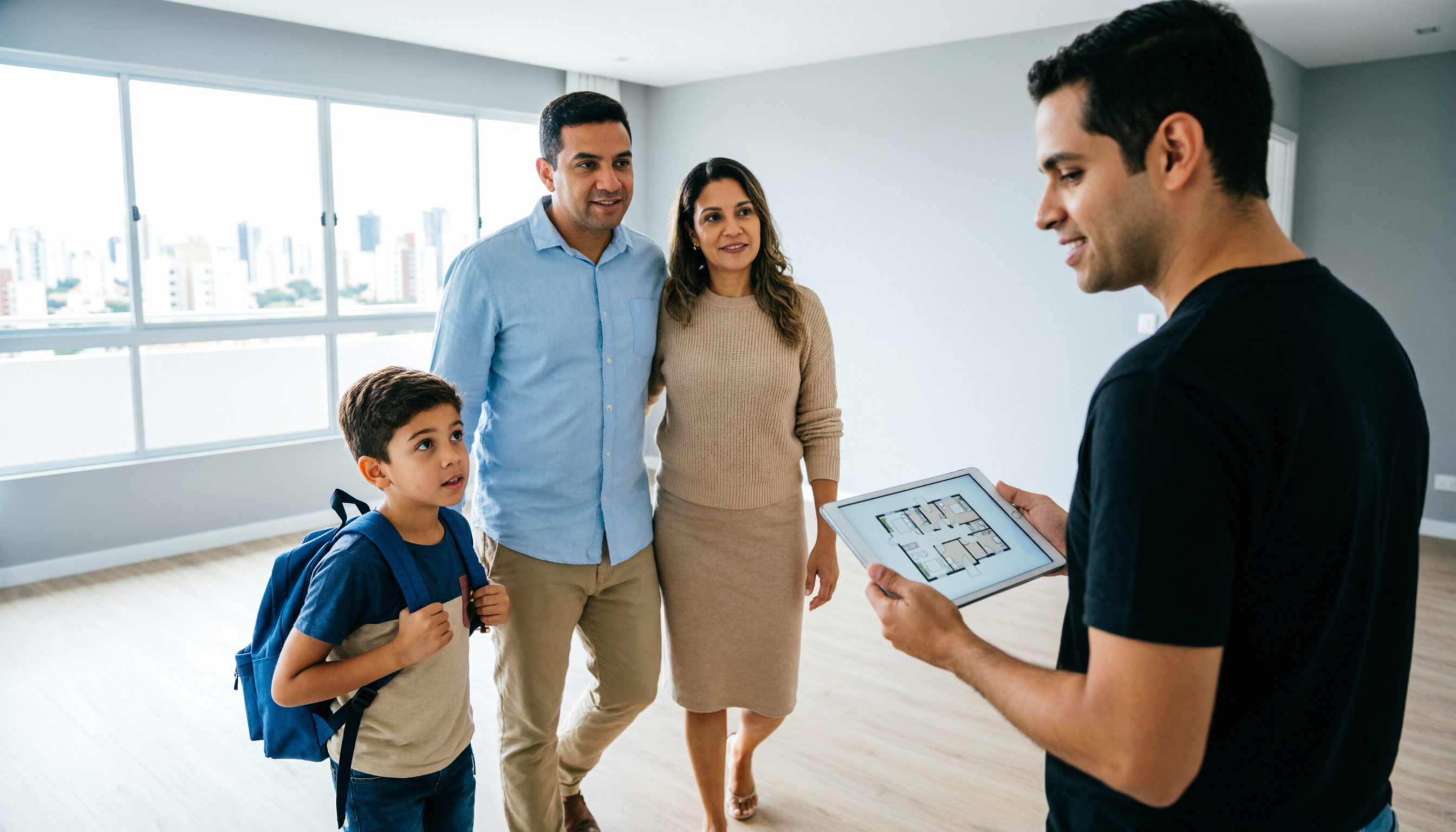 Família visitando o imóvel acompanhada pelo corretor